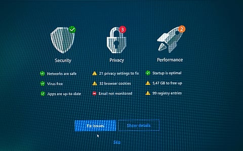 Antivirus system scan interface showing security, privacy, and performance status.