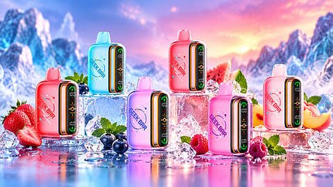 Colorful Geek Bar vapes on ice with fruit.   