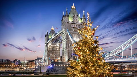 Christmas tree decorated beside the Thames, with Tower Bridge illuminated at dusk.