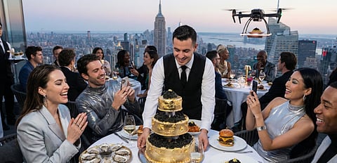 Waiter serving cake at a rooftop restaurant with a drone overhead.