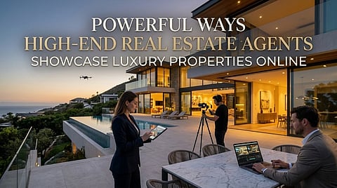 Real estate team filming and reviewing a luxury property.