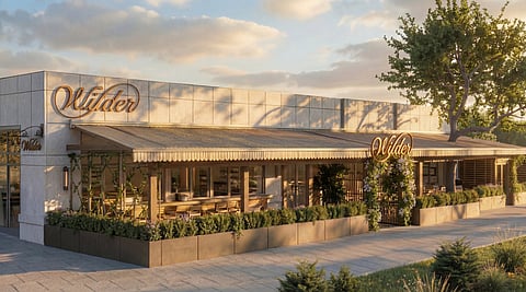 Rendering of a market storefront with awnings, outdoor seating and planters at dusk