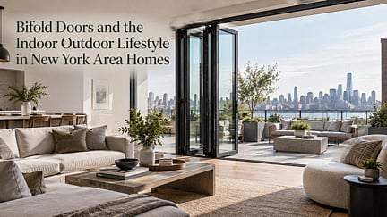 Modern living room opening through bifold doors to a terrace overlooking the Manhattan skyline.
