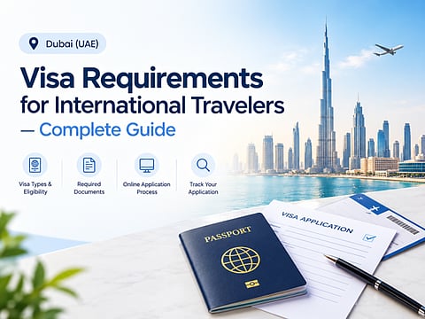 Dubai visa guide graphic with passport, application form, and city skyline.