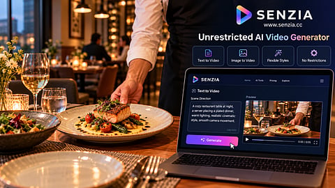Laptop displaying Senzia AI video generator next to a restaurant meal.