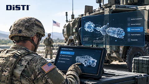 Soldier using a rugged tablet for military vehicle maintenance.