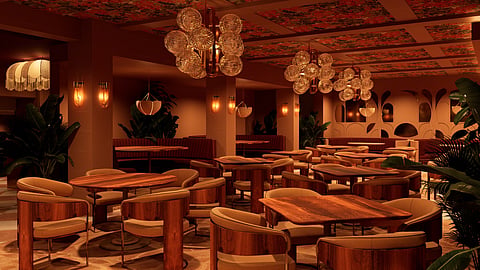 Rendering of a dining room with red leather booths, round tables and a patterned ceiling