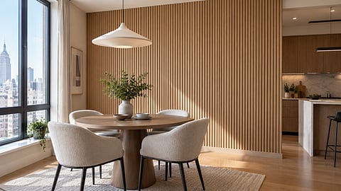 Dining room with a wood slat wall.