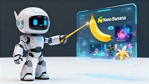 Robot pointing at a Nano Banana hologram.