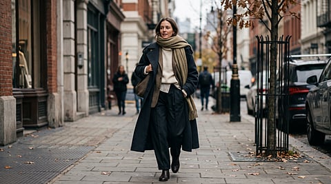 Woman walking on a city street.