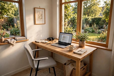 Home office desk by window.
