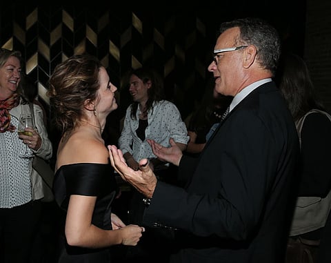 Emma Watson (L) and Tom Hanks attend the afterparty for 'The Circle' during the 2017 Tribeca Film Festival at American Cut Tribeca on April 26, 2017 in New York City.  (Photo by Rob Kim/Getty Images for 2017 Tribeca Film Festival)
