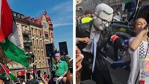 Daniel Helldén (MP) höll tal på Palestinademonstration – statsministern hånades med grotesk docka