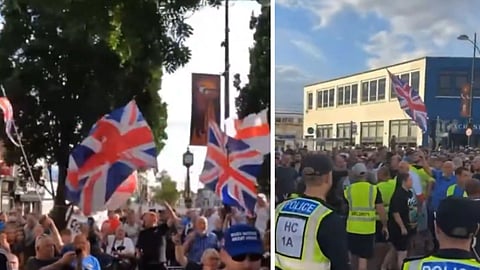 Protest i Waterloo, England (t.v.), protest i Aldershot, Hampshire (t.h.)