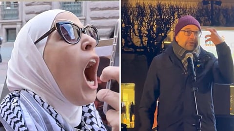 Palestinaaktivisten som anklagades för att attackera Jessica Stegrud (SD) t.v. Fredrik Malm (L) t.h.