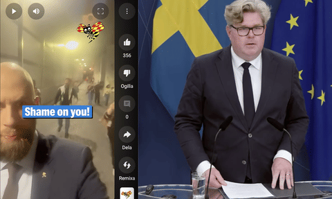 Till vänster - filmklippet där civilförsvarsminister Carl-Okar Bohlin dokumenterade hur han själv blev förföljd av hotfulla demonstranter på väg ut ur riksdagshuset. Till höger justitieminister Gunnar Strömmer på en pressträff om förändringar för att skydda samhället mot hotfulla demonstranter.