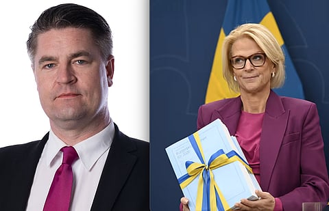 Till vänster sverigedemokraternas ekonomiskpolitiske talesperson Oscar Sjöstedt. Till höger finansminister Elisabeth Svantesson.