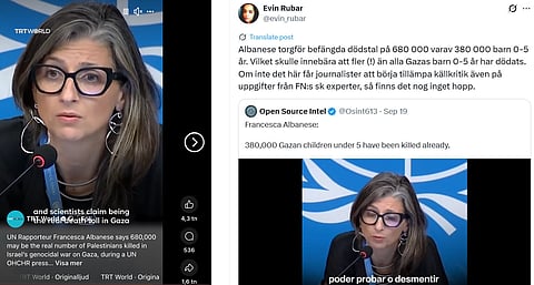 Till vänster - turkisk-ägda nyhetskanalen TRT World rapporterar vidare FN-rapportören Francescas felaktiga siffror över antalet dödade i kriget i Gaza. Till höger - journalisten Evin Rubar, en av dem som på sociala medier uppmärksammat de felaktiga siffrorna från Francesca Albanese.