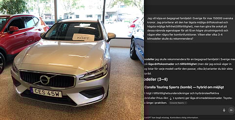 Begagnad Volvo hos handlaren Bilbolaget, i väntan på en köpare. Till höger – vi provade Chat GPT som hjälp i billetandet.
