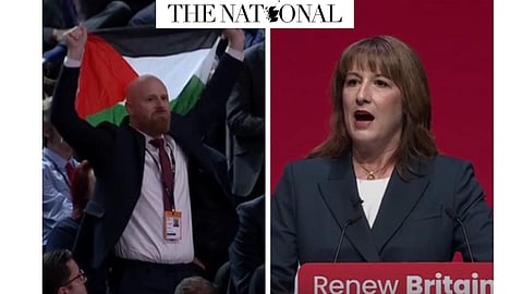 Brittisk ministers tal avbröts av Palestinademonstrant 