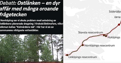 Till vänster – SD-politikernas debattartikel i Norrköpings Tidning. Till höger – skiss över den planerade järnvägen Ostlänkens sträckning.