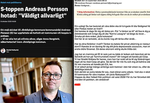 Skärmdump från Jönköpings-Posten och mejlet till kommunalrådet Andreas Persson (s).
