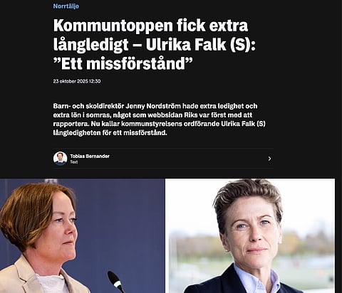 Artikeln i Norrtelje Tidning där man hänvisar till Riks avslöjande om tidigare tillförordnade kommundirektören Jenny Nordströms felaktiga semesteruttag.