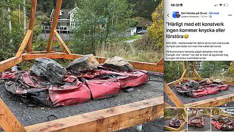 Inlägg på Facebookgruppen Det händer på Orust om konstverket "Semaforen i Henån". Det är bilvraket i mitten som kommunen beslutat ta bort.