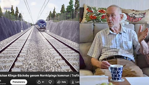 Till vänster - från en av Trafikverkets videofilmer som visar de planerade delsträckorna i järnvägsprojektet Ostlänken. Till höger - 81-årige före detta journalisten Jens-Erik Bergvin som ägnat över tio år åt att granska Ostlänken-projektet.