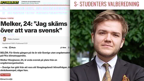 Till vänster - intervjun i Aftonbladet med Melker Wargbaner. Till höger - S-studenters hemsida där det framgår att Melker kandiderar till nya uppdrag inom socialdemokratin.