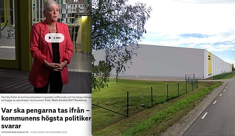 Till vänster - Ljusdals kommunstyrelseordförande Pernilla Färlin (M) i intervju i SVT Nyheter nyligen. Till höger - fotmontage som visar hur de framtida idrottshallarna kommer se ut.