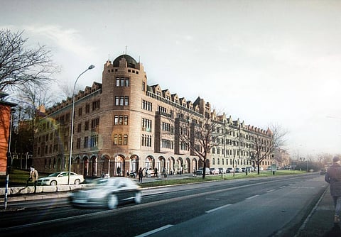 Så här ser det huvudkontor i klassisk stil för mjukvaruföretaget IST ut som ägaren Björn Sundeby hoppas kunna bygga i Växjö. Här är byggnaden sedd från Storgatan strax öster om Växjö centrum.