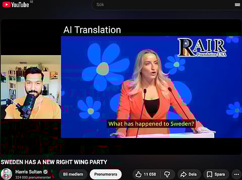 Här presenterar australiensaren Harris Sultan från Pakistan i sin egen Youtubekanal Sverigedemokraterna och SD-aren Denice Westerberg och sänder även hennes tal på SD:s landsdagar med AI-översättning.