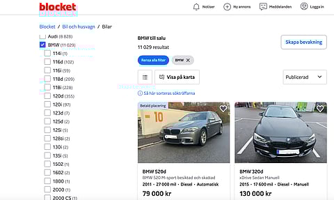 Så här ser det från och med i höst ut när man går in på Blockets sida för bilannonser och börjar fylla i de kriterier man vill ha för att söka en viss bil. Här är första steget i en filtrering inställt - val av bilmärke. Här har användaren kryssat för "BMW" varvid det kommer upp en lista på omkring 40 olika modellbeteckningar att välja mellan.