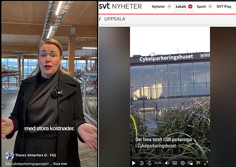 Till vänster - Therez Almefors (M), oppositionsråd i Uppsala kommun, propagerar i ett filmklipp på Facebook för att kommunen ska sälja det dyra och outnyttjade cykalegaraget vid Uppsala station.