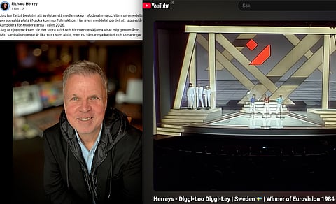 Till höger - Richard Herreys inlägg på Facebook där han meddelar att han lämnar moderaterna. Till höger Bröderna Herreys bidrag "Diggiloo Diggiley" som vann Eurovision Song Contest 1984.