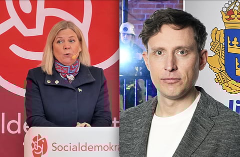 Till vänster Magdalena Andersson under sitt jultal i år. Till höger Expressens politisk redaktör Patrik Kronqvist.