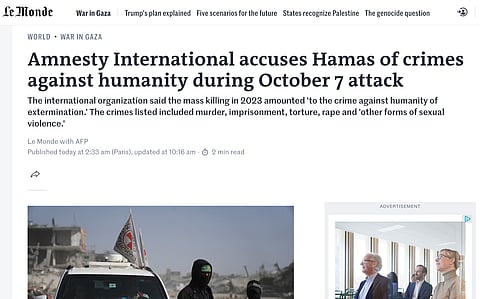 Franska tidningen Le Mondes reportage om Amnestys rapport om 7 oktober-attackerna.