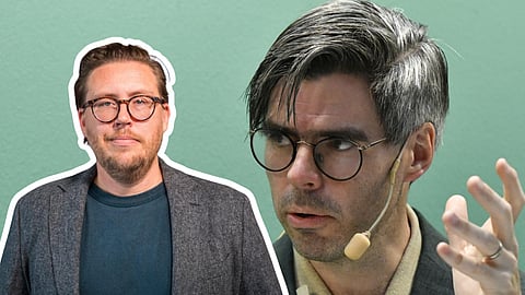 Joel Halldorf i bakgrunden.