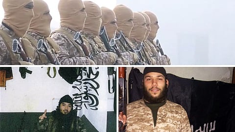 Montaget visar IS-terrorister och propaganda från IS. Längst ner till höger livstidsdömde Osama Krayem. Längst ner till vänster Abdullah Benoitzon. Båda är svenska medborgare.
