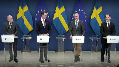 Migrationsminister Johan Forssell, Ludvig Aspling (SD), Ingemar Kihlström (KD), och Patrik Karlson (L) medverkade på onsdagens pressträff.