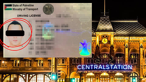 Gärningsmannens palestinska körkort i förgrunden, Göteborgs centralstation i bakgrunden.