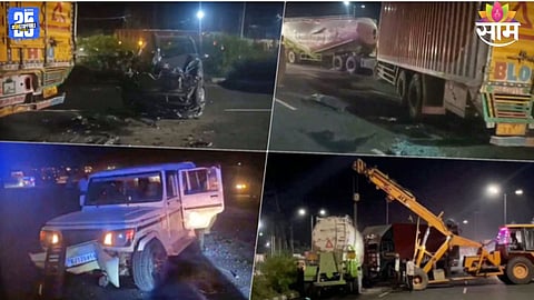 Cranes clearing mangled vehicles after a deadly five-car collision near Rishabhdev on the Udaipur-Ahmedabad Highway.