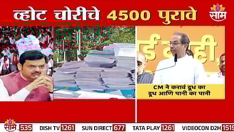 Raj Thackeray presenting files of 4,500 fake voter proofs during the Satyacha Morcha in Mumbai.