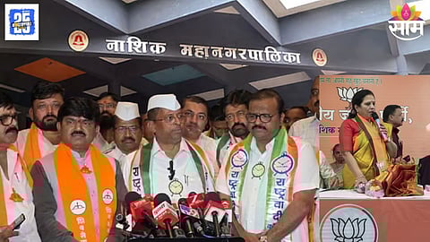 Leaders of Shinde Sena and Ajit Pawar-led NCP addressing a press conference after announcing their alliance for Nashik municipal elections.