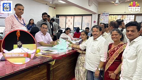 Former Shinde Sena corporator Snehal Shinde after filing her nomination as an independent candidate from Ward 88 in Mumbai.