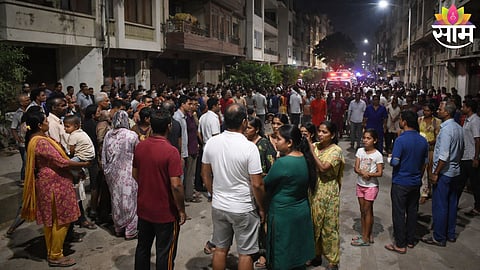 Residents gather outside their homes after repeated earthquake tremors were felt in Gujarat’s Rajkot district.