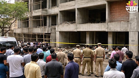 Police and locals gather at the under-construction building in Ambegaon Khurd, Pune, where a 12-year-old boy lost his life after falling into a duct.