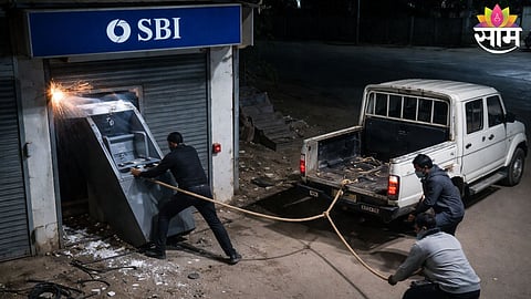 CCTV footage shows thieves stealing the entire SBI ATM in Satana.