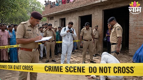 Police investigation underway at the crime scene in Kushinagar where a man brutally killed his mother and wife.